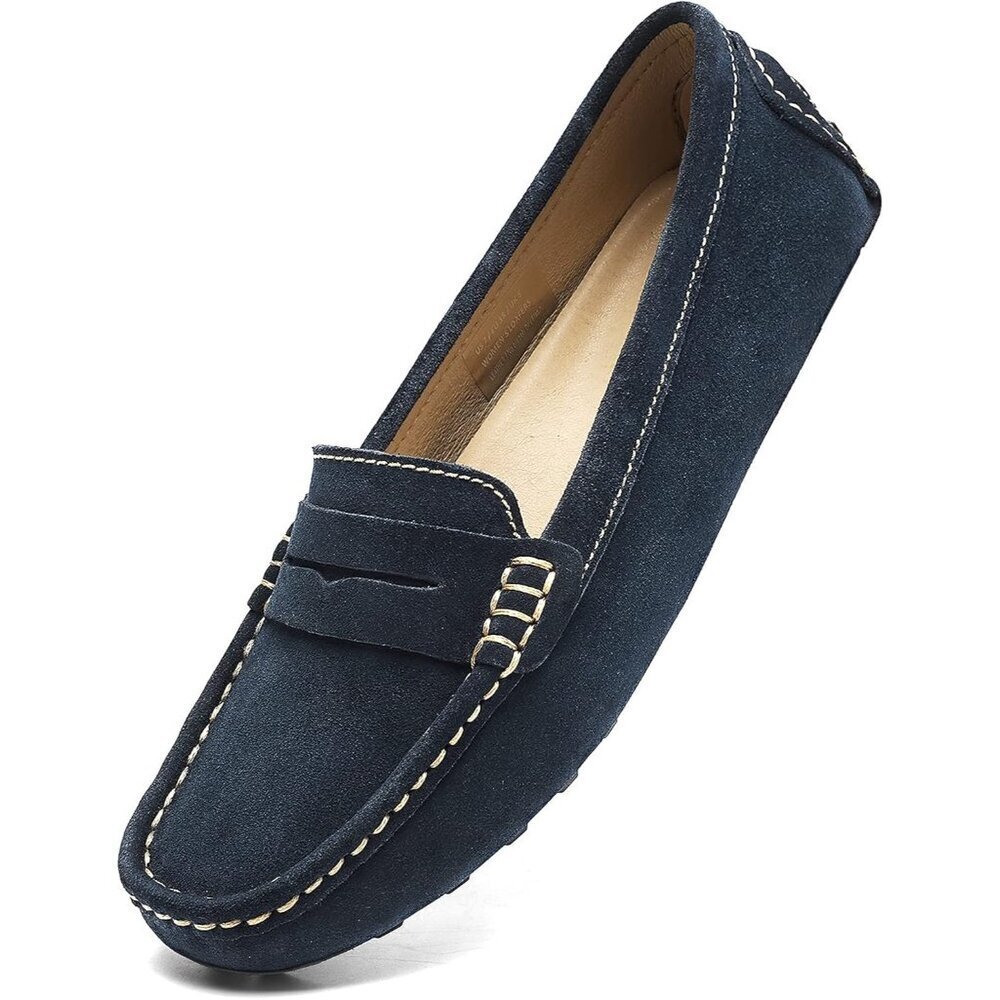 Women's Navy Suede Leather Slip-On Fashion Retro Casual Penny Loafers Shoes